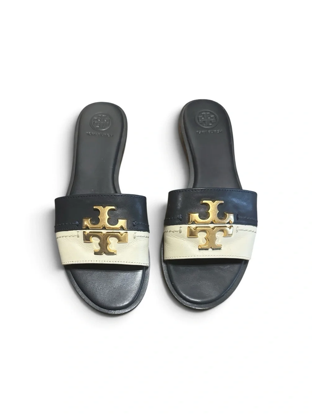 Tory Burch Black and Cream Logo Slide Sandals